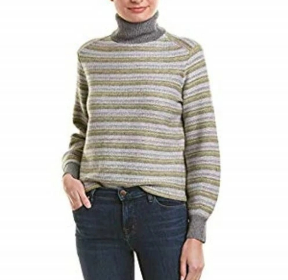 EUC Vince Fair Isle Striped Turtleneck Sweater Cashmere Wool Size XS Grey Yellow
